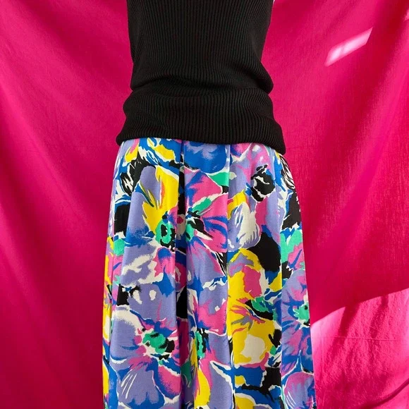 Vintage 80s 90s Floral Pleated Midi Long Skirt Lavender Pink Teal Cotton Size 14 - Picture 12 of 17